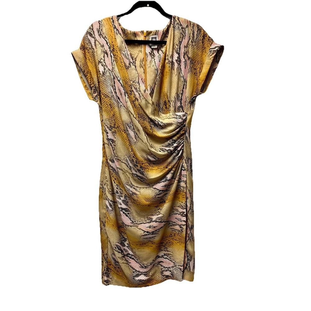 Anne Klein Sheath Dress 10 Yellow Pink Snakeskin Faux Wrap Ruched Mob Wife Siren